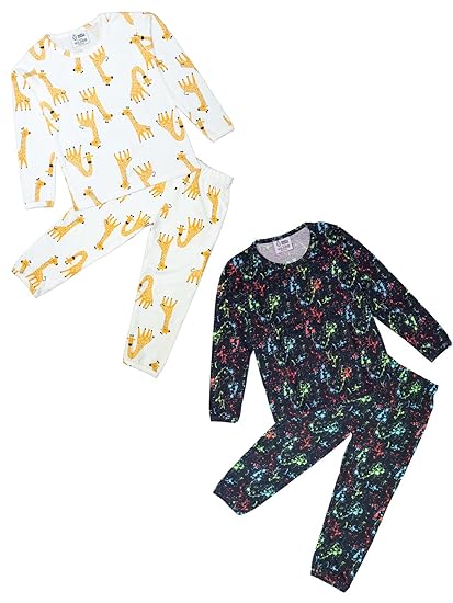 BUDS & FEATHERS Night wear for Boys and Girls Full Sleeves T-shirt Pant Set/Night Suit/Nightwear/Sleepwear/Loungewear (Combo Pack of 2)