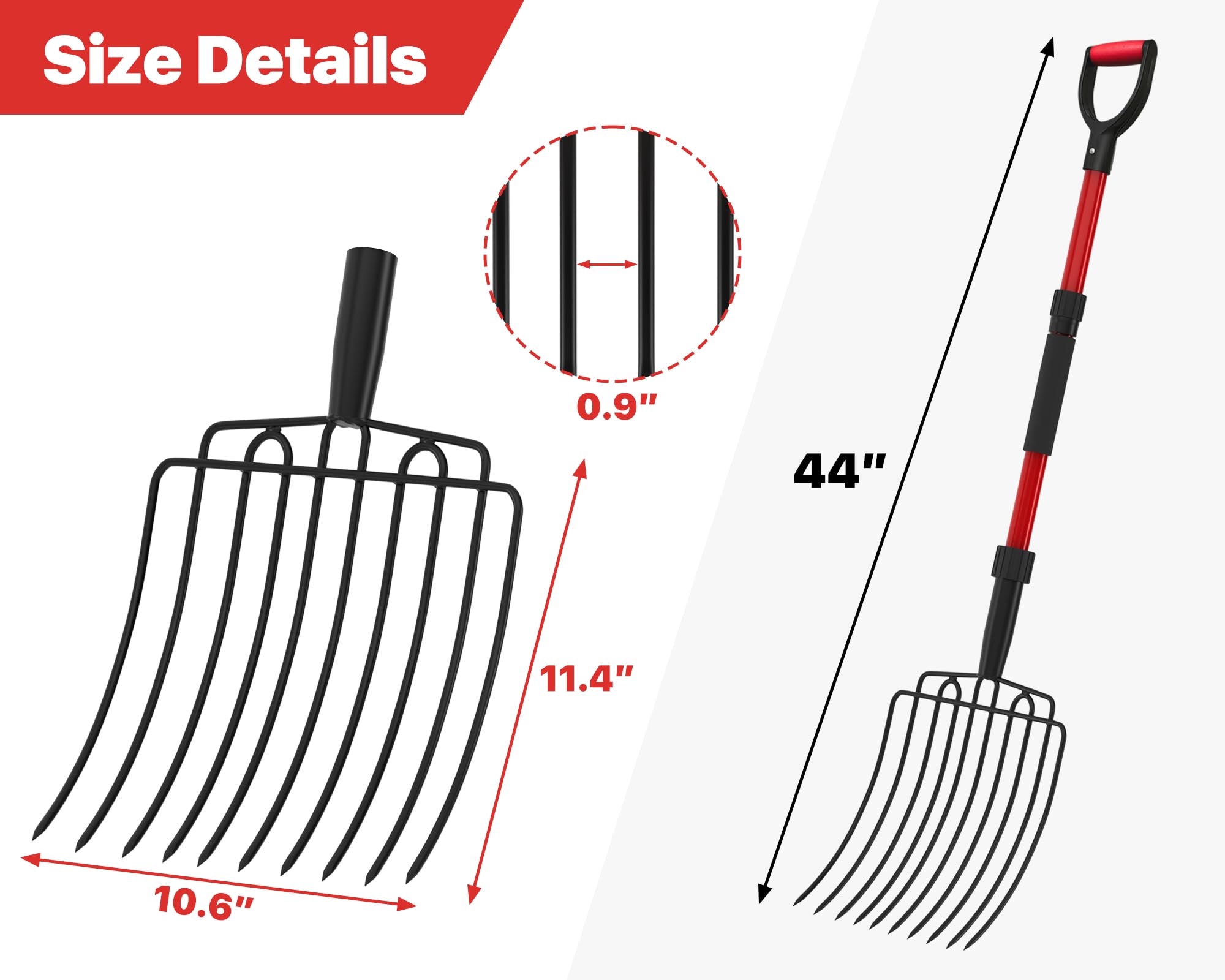 Cosita Forcone da Giardino Largo con 10 Denti in Metallo, Resistente, con Manico in Fibra di Vetro, 111 cm, per Letame, pacciamatura, compostaggio, Rosso