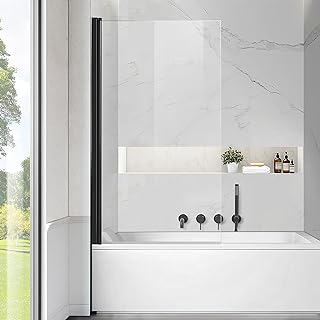 Frameless Tub Shower Door, Clear Tempered Glass Bathroom Shower Door 30" W*55" H, Hinged Foldable Bathtub Screen with Matte Black Wall Profile Support