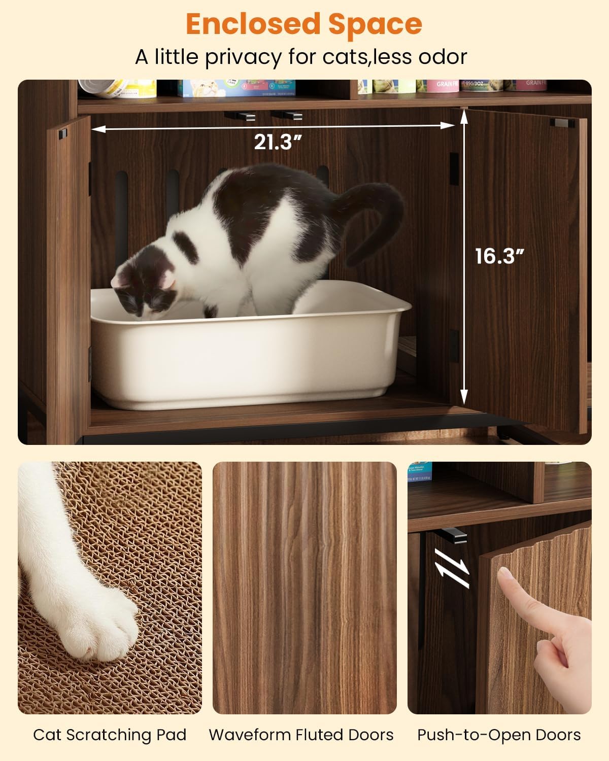 Cat Litter Box Enclosure, Large Hidden Pet Storage Cabinet Furniture with Waveform Fluted Doors & Scratching Pad, Modern Wooden Cat House Indoor for Washroom, Living Room, Bedroom, Rustic Brown