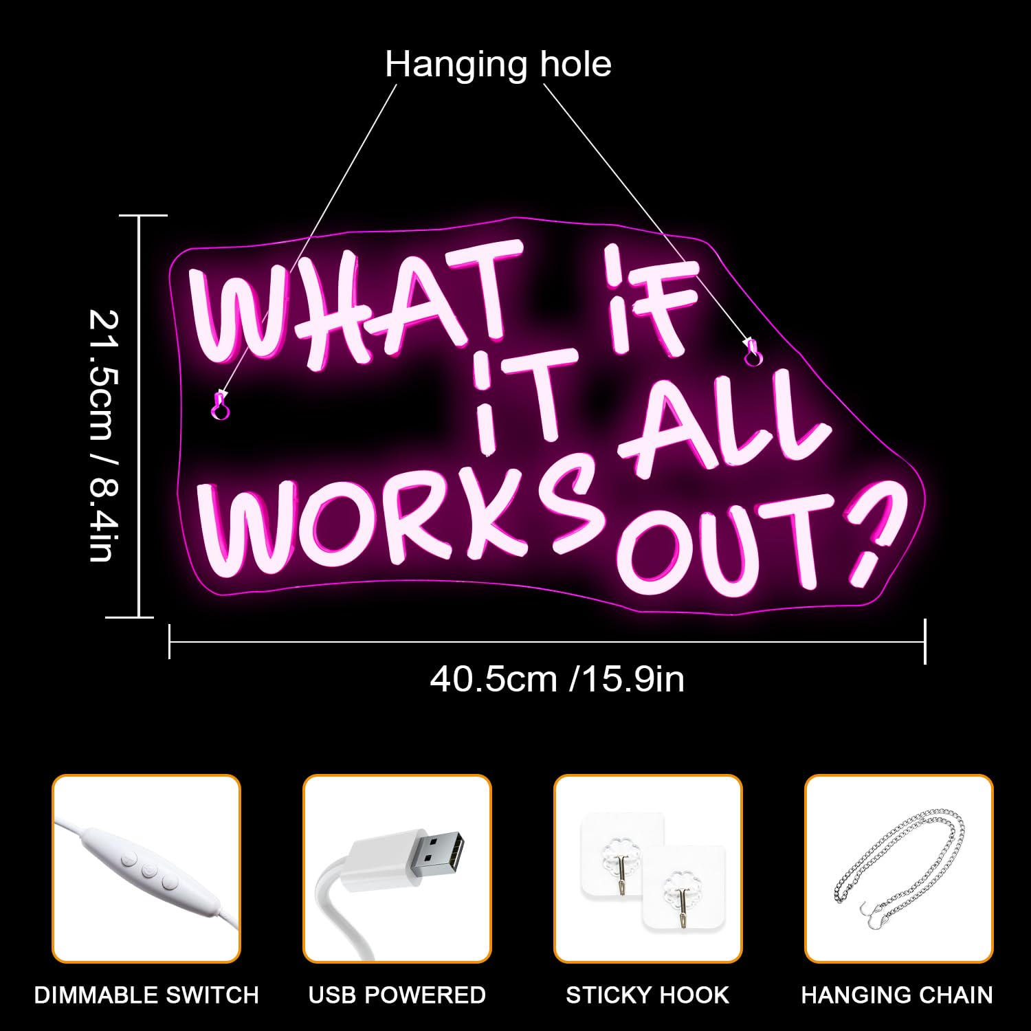 ineonlife 'What if it All Works Out' neonowy znak do dekoracji ścian, ściemniane, neonowe znaki świetlne LED, 5 V/2 A, zasilany przez USB, różowy znak świetlny, do salonu, biura, na imprezę, do