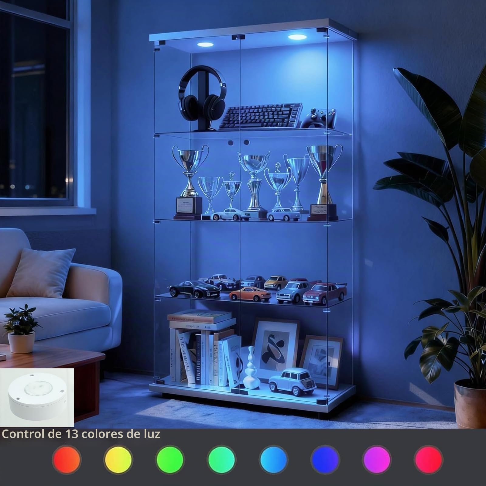 Vitrina de Cristal con iluminación LED, Color Blanco, 80,6 x 36,5 x 164,5 cm, Dos Puertas con Cerradura, Vitrina de Cristal de pie con 3 estantes de Cristal, Vitrina para salón, Dormitorio