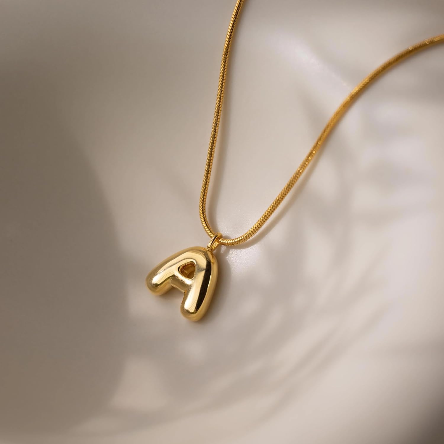 CAITLYNMINIMALIST 18K Gold Plated Bubble Balloon Initial Letter Snake Chain Stacking Personalized Necklace