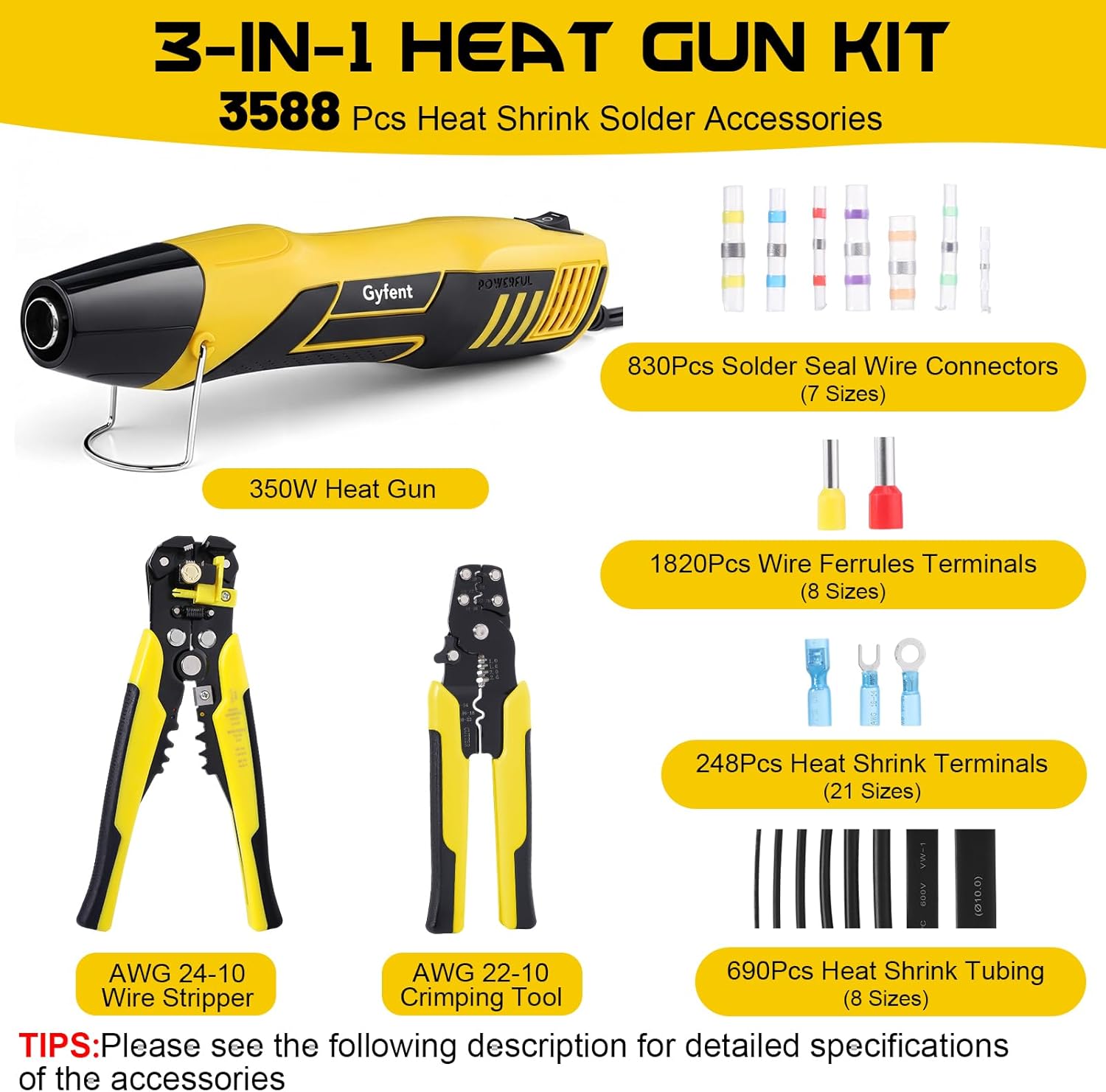 3-In-1 Heat Gun Kit with 3588Pcs Heat Shrink Solder Accessories, 350W Mini Heat Gun with AWG24-10 Wire Stripper and AWG22-10 Crimping Tool Wire Connectors for Shrink Tubing Marine Automotive