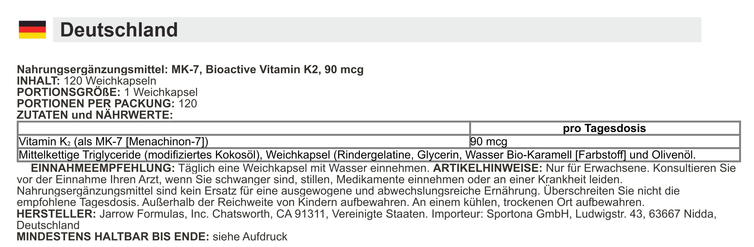 Jarrow Formulas - Vitamin K2 MK-7 | 90 mcg zur Unterstützung der Knochengesundheit - 120 Softgels