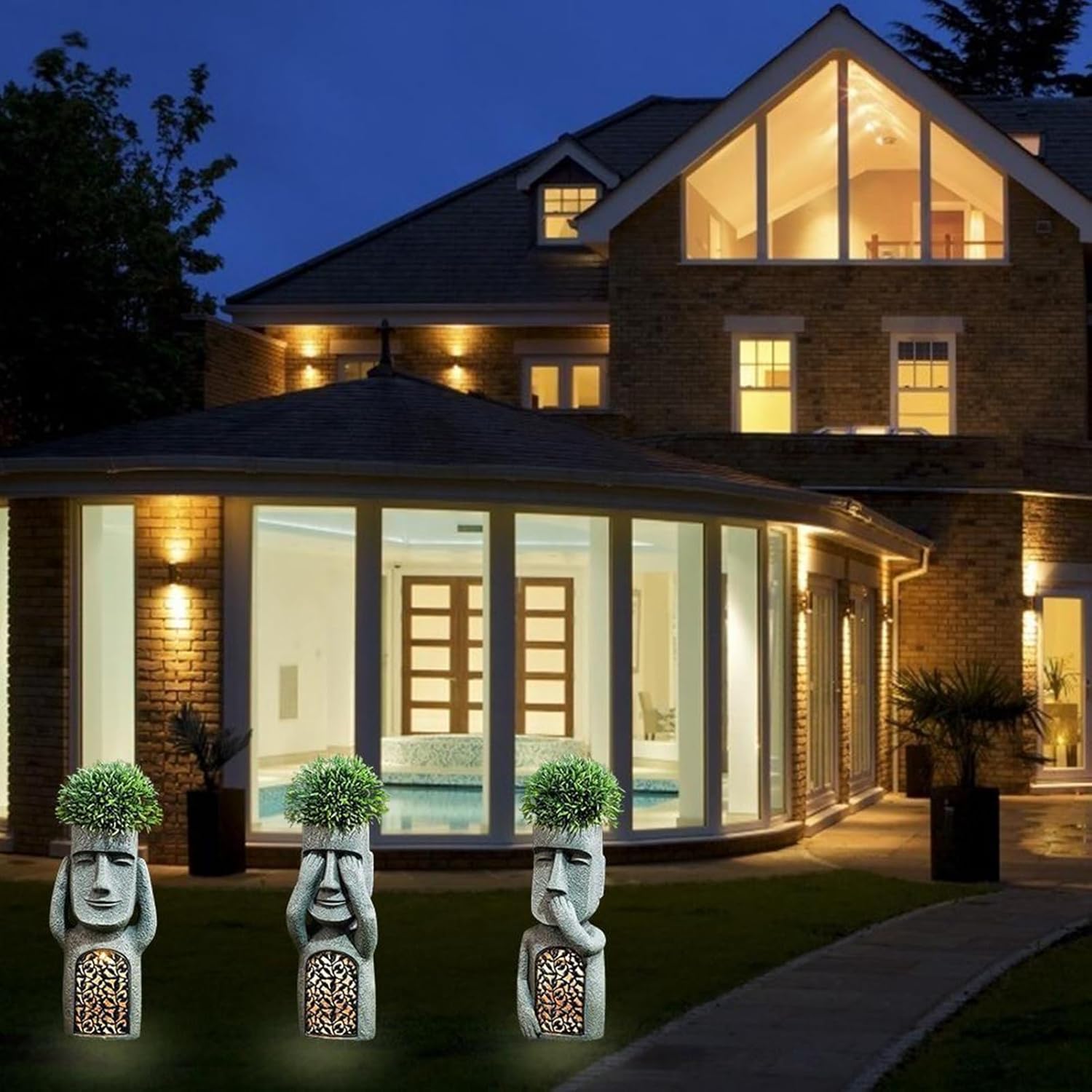 Easter Island Garden Solar Lights Outdoor Statue,Outdoor Sculpture with Solar Light Yard Decor, Easter Island Head Sculpture,Statue Planter, Small Flower Pots for Courtyard Gardens Terrace(Gray)