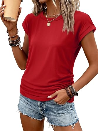 ATHMILE Womens Summer Tops Cap Sleeve Ruched Tshirts Business Casual Crewneck Trendy Outfits Basic Fashion Dressy Clothes