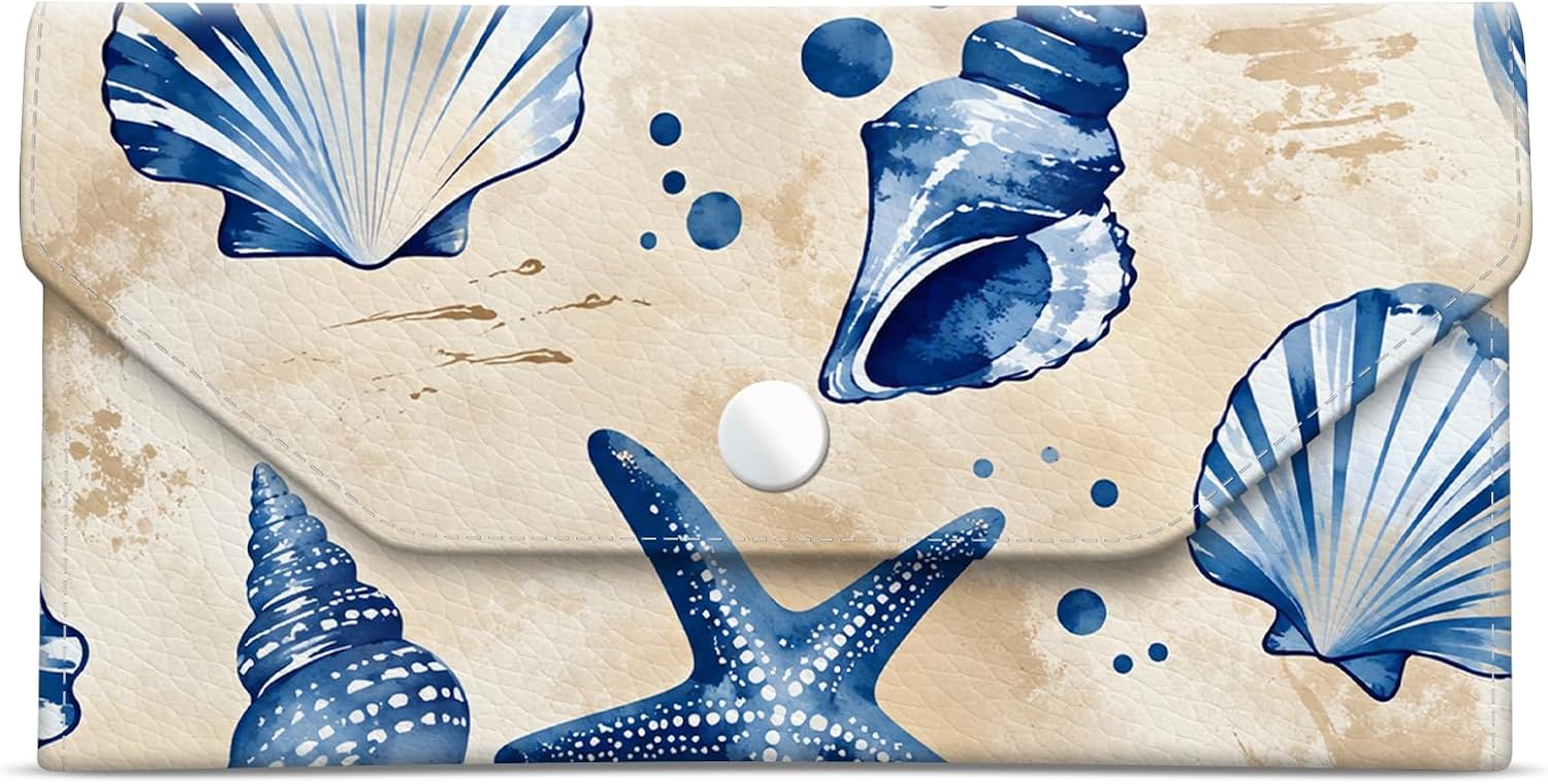 Cash Envelope Wallet Cute PU Leather Envelopes Bag for Men and Women, Reusable Budget Pouch for Budgeting Billing, Blue Seashell
