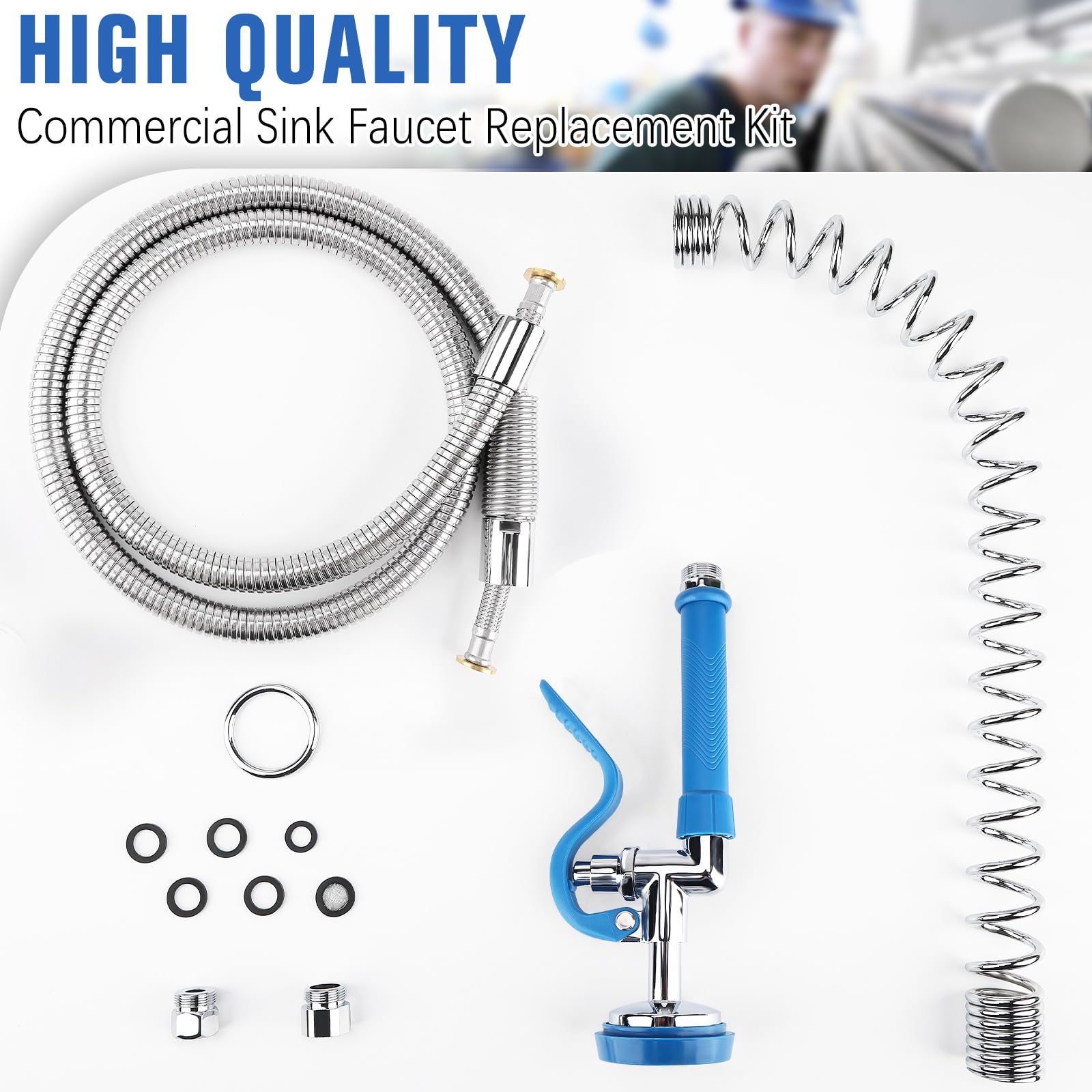 Manguera de acero inoxidable de 45 pulgadas y resorte superior de preenjuague