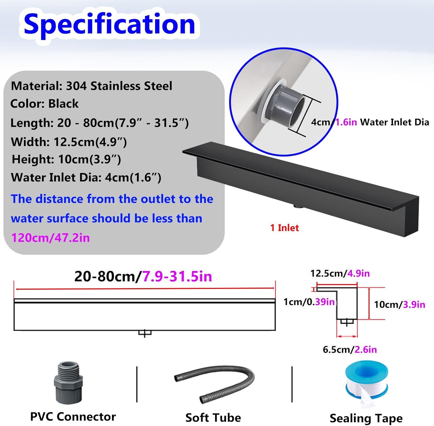 Stainless Steel Waterfall Spillway Fountain for Indoor/Outdoor Pools & Patios - Elegant Water Feature Spray Spout with Complete Accessories for Relaxing Ambiance