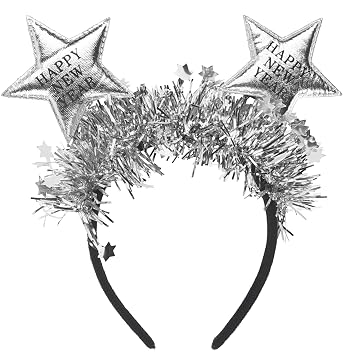 QDTK Happy New Year Headband Silver Glitter Star Hair Bands 2026 New Years Hair Accessories for Women Girls New Year Eve Christmas Holiday Party Favors Supplies