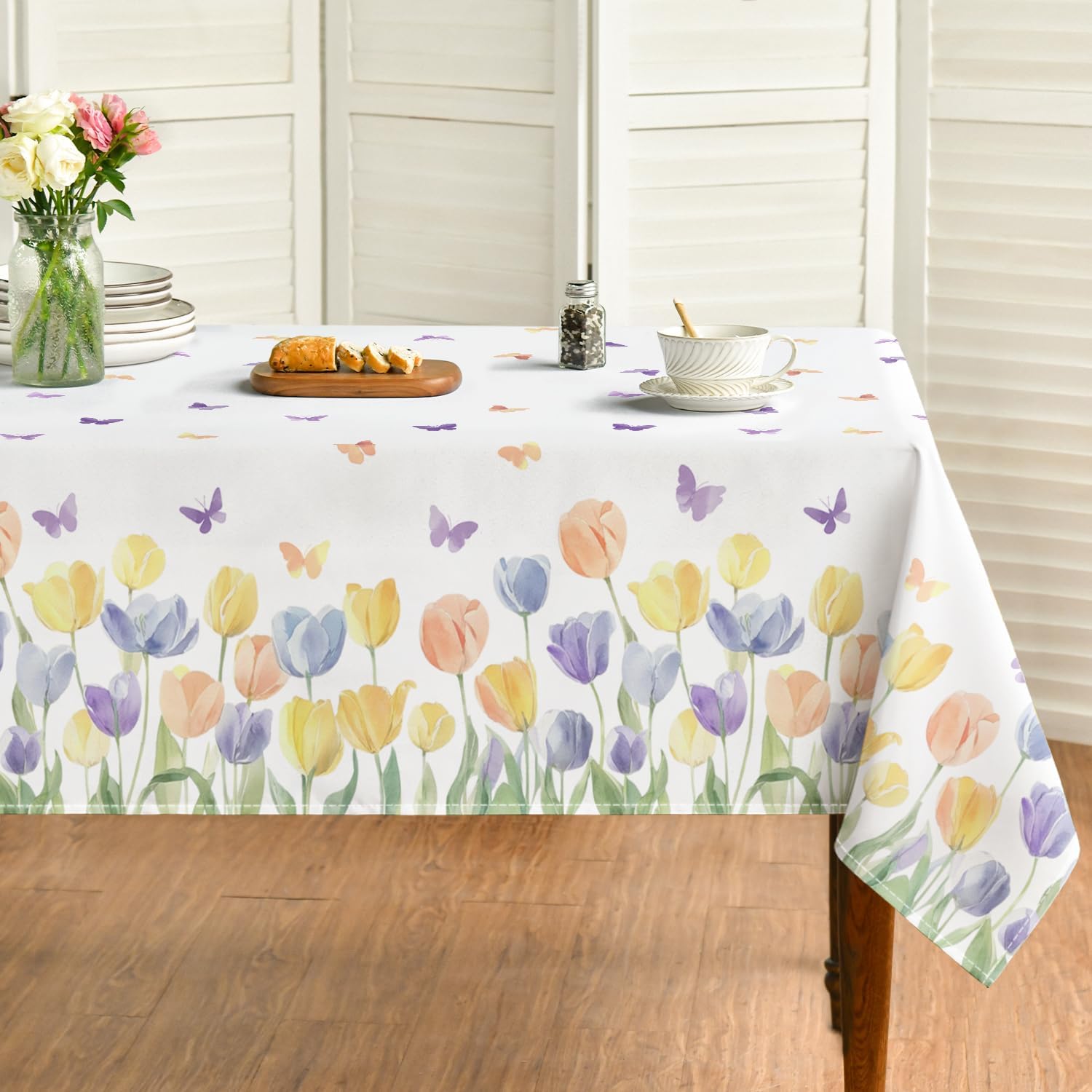 Horaldaily Spring Tablecloth 60×84 Inch Rectangular, Green Plaid Wildflower Cloud Daisy Butterfly Washable Seasonal Table Cover for Party Picnic Dinner Decor