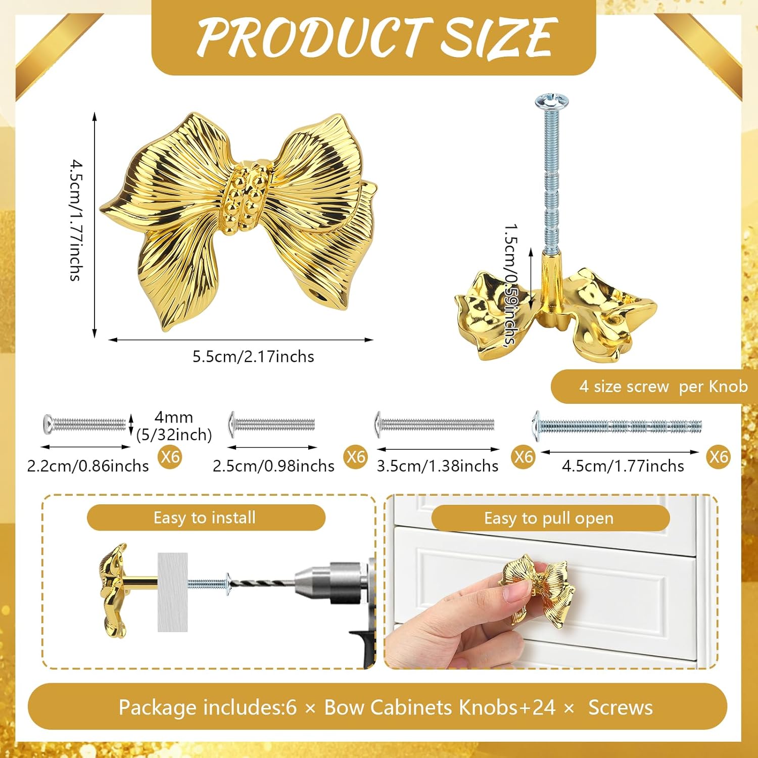 6 pcs Bow Dresser Knobs Cute Drawer Knobs Zinc Alloy Brushed Hardware Handles Pulls Vintage Cupboard Drawer Knob for Kitchen Cabinets Home Bedroom (B-Gold)