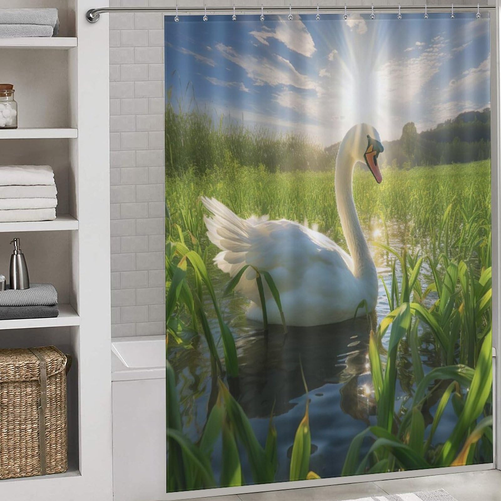 Rideau de douche imperméable et lavable motif cygne avec 12 crochets