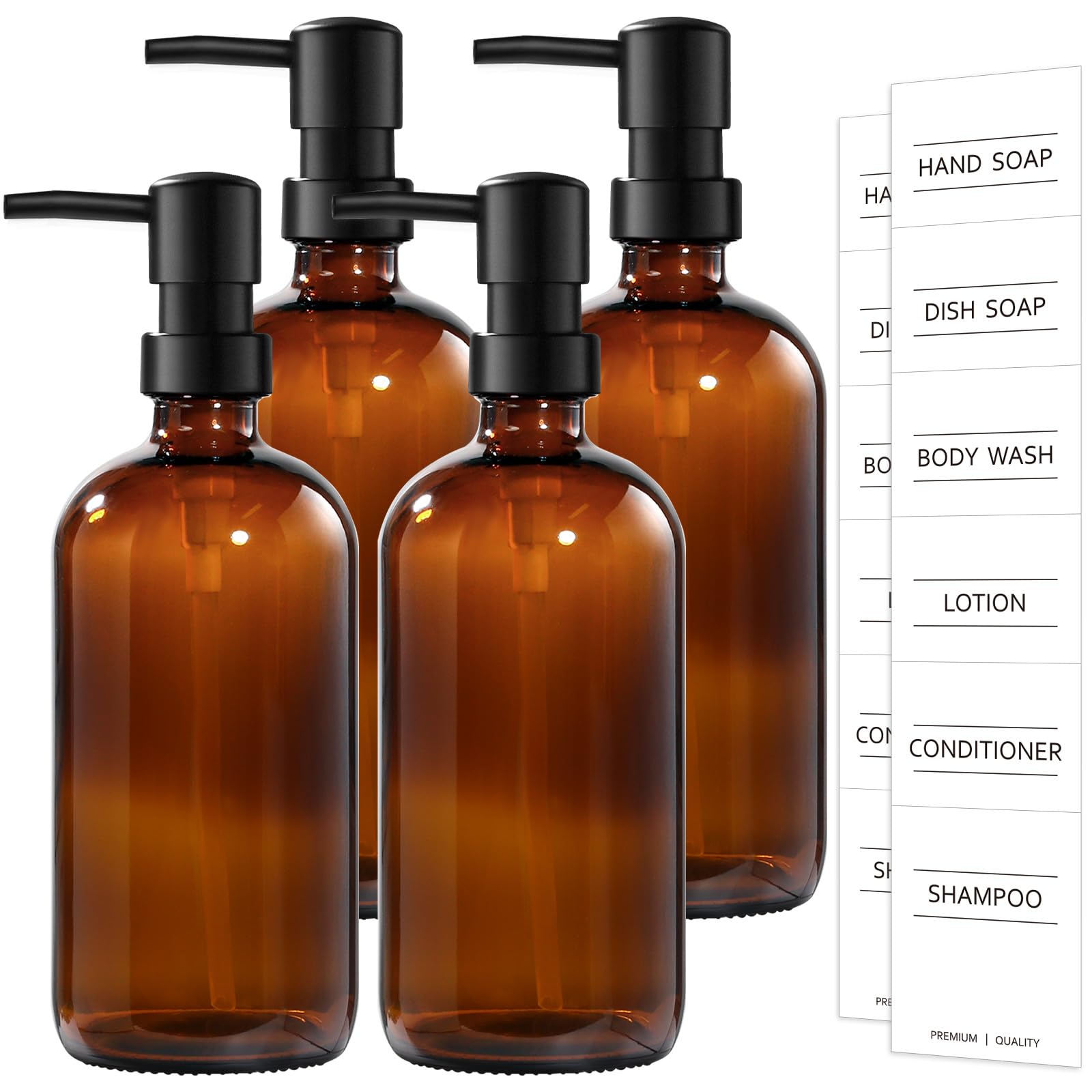 VIMERPA Hand Soap Dispenser,17 fl oz Brown Glass Soap Dispensers, Washing Up Liquid Dispenser, Amber Glass Soap Dispensers Bottle with Pump And Label (4Pack, Amber)