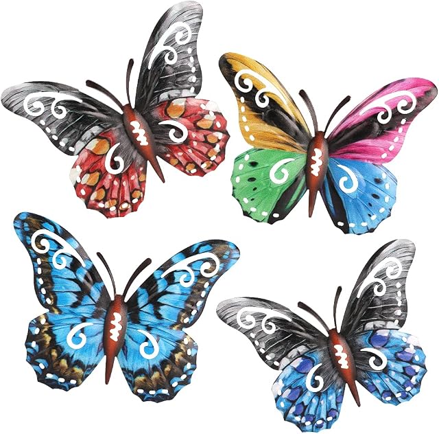 Achort 4PCS Metal Butterfly Wall Art Decor 3D Butterfly Hanging Wall Deocrations Colourful Garden Wall Sculptures Display Home Craft Gift for Bedroom Living Room Bedroom Office Indoor Outdoor