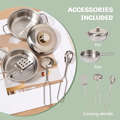 Miniatura 6 de Juego de cocina de juguete de madera para niños con luces y sonidos simulados, juego de cocina de juego de simulación con fregadero, estufa,