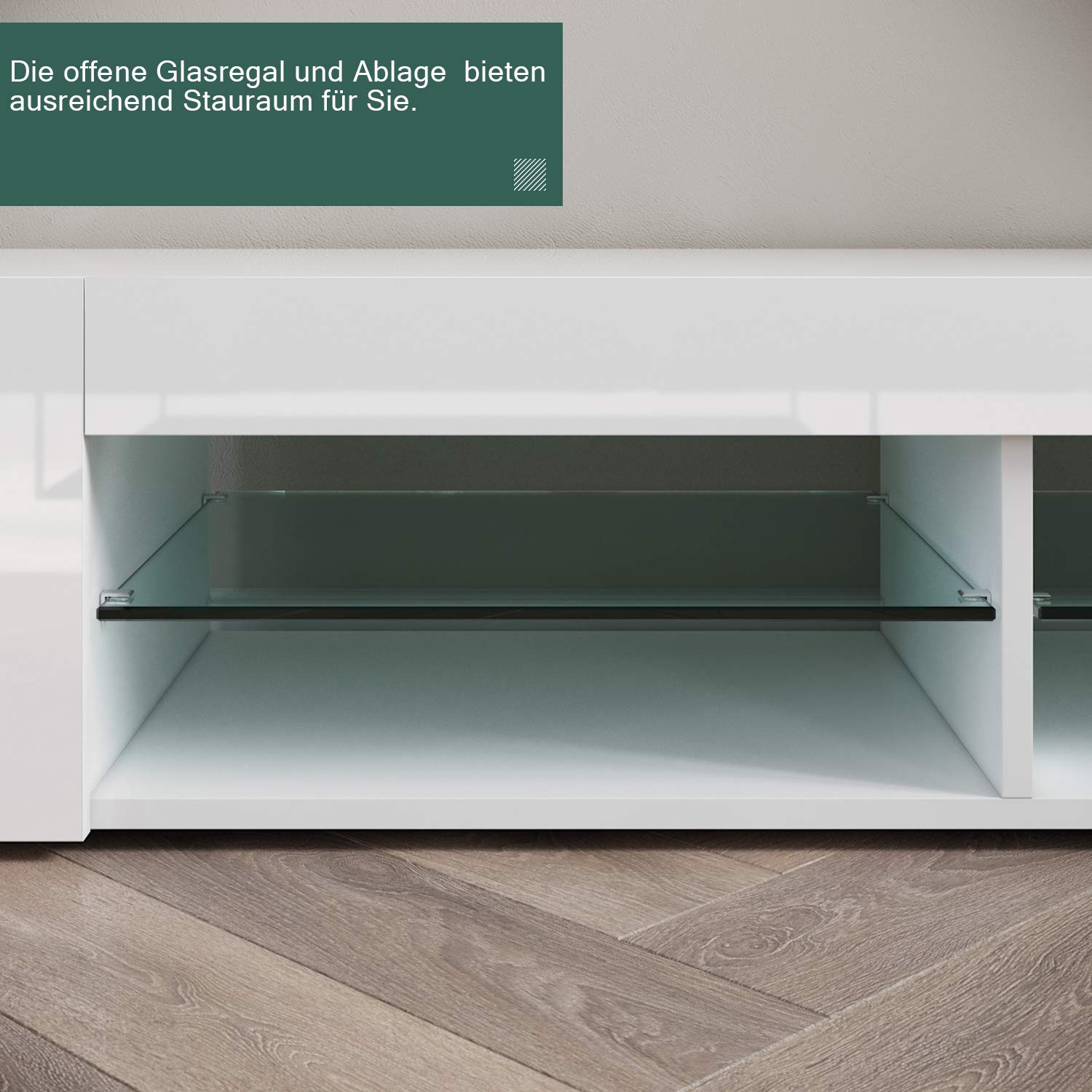 SONNI TV Schrank, Fernsehtisch, TV Lowboard Hochglanz, TV-Regal, 12-LED-Farben, Glasböden, Fehrnser Tisch 135 cm breit, 135x39x30cm, Weiß, GTV003W-WHITE-3.