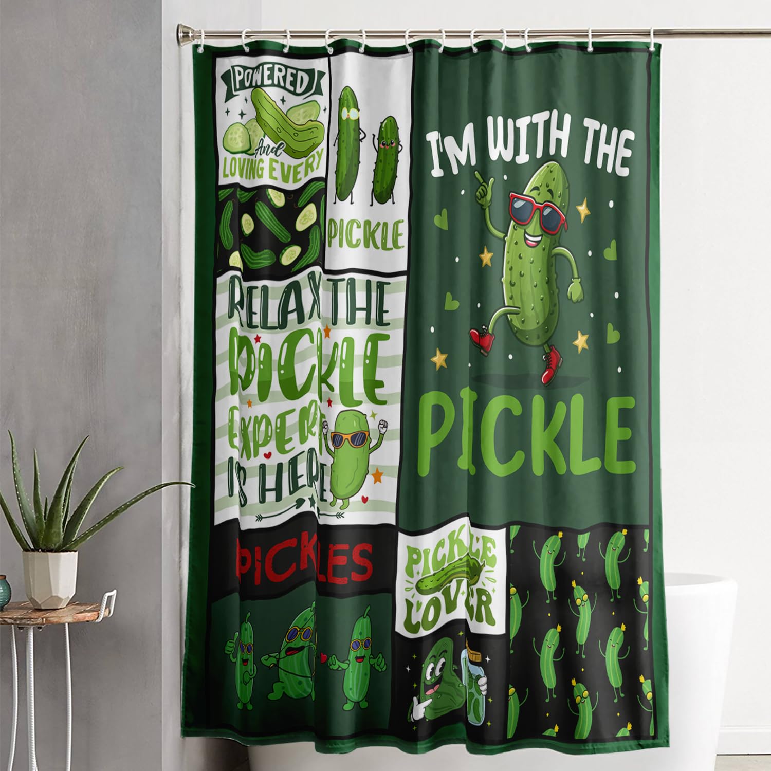 AILONEN Pickle Shower Curtain Set,Green Vegetable Printed Bath Curtains for Girls Kids,Cartoon Cucumber Waterproof Shower Curtain with Hooks Bathroom Decor,60