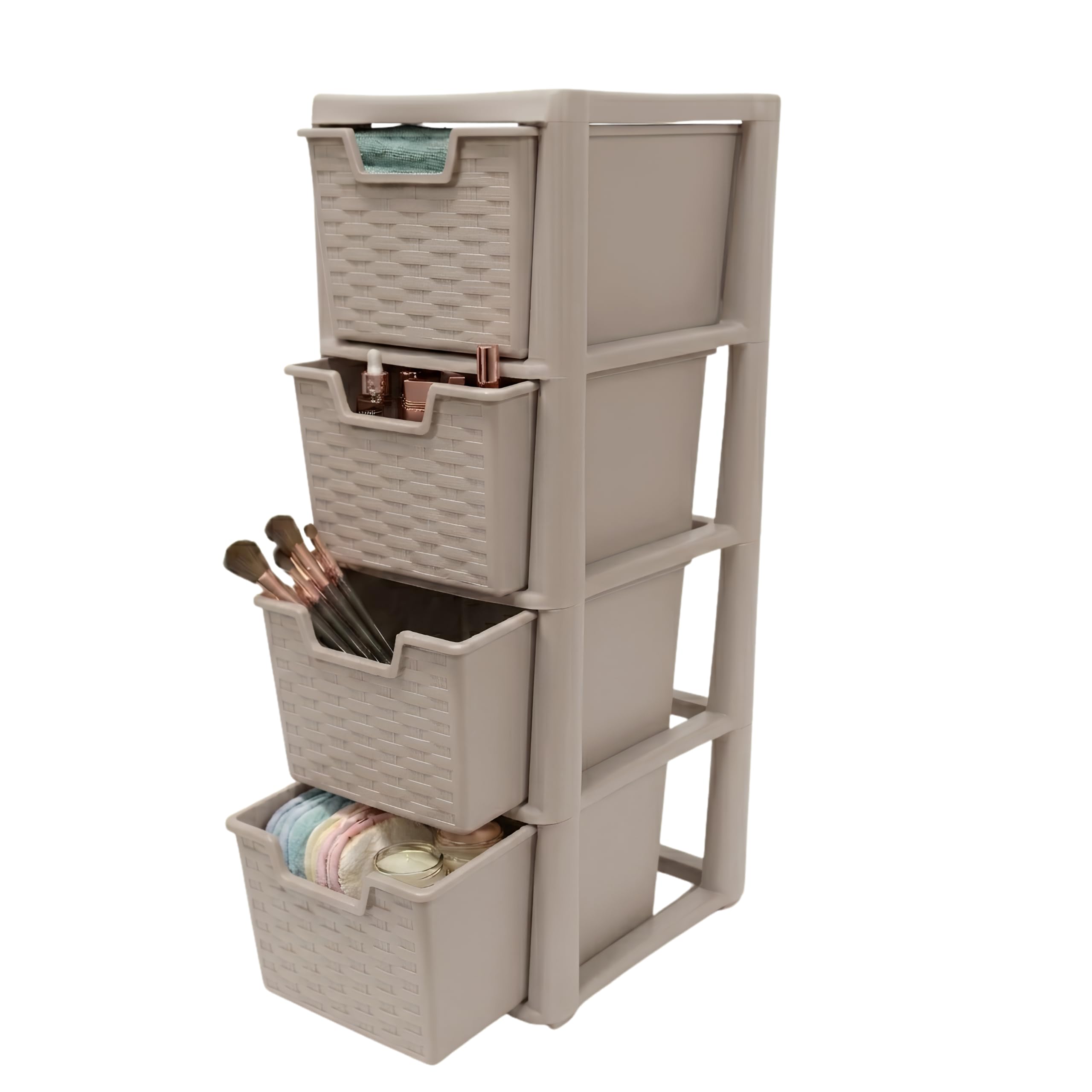 ZYORA Medium Plastic Storage Drawers Unit,Rattan Effect Compact Vertical Organizer Drawers, Plastic Drawers Storage and Organization for Home, Office, Crafts & Household Use (Mushroom/Rattan, 4-Tier)