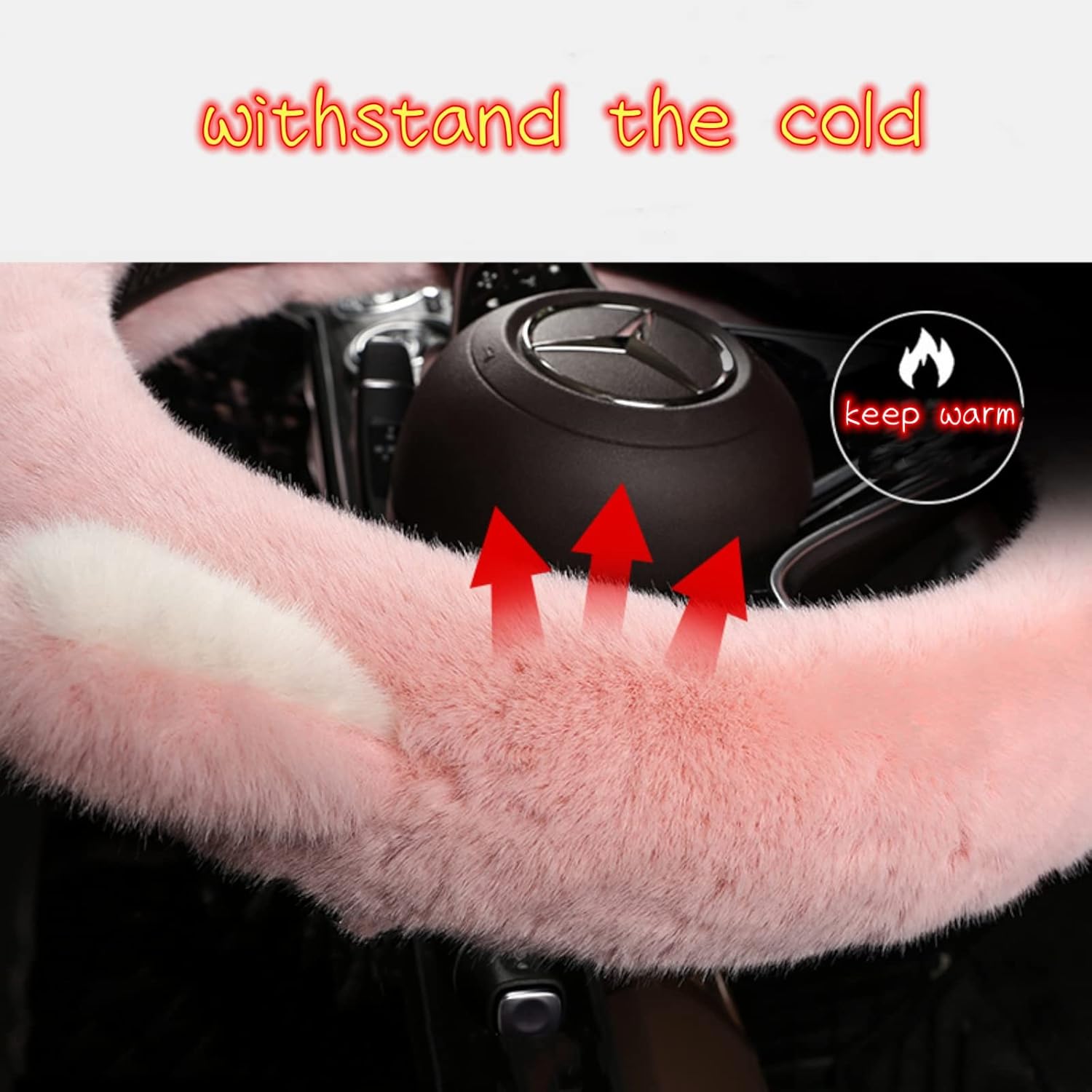 Cute Kitty Fluffy Steering Wheel Cover for Women Girls Soft Faux Wool Warm Winter Steering Wheel Cover Universal 15 Inch Car (Pink)