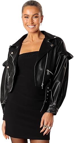 Hanna Ruffle Sleeve Faux Leather Jacket - Black M