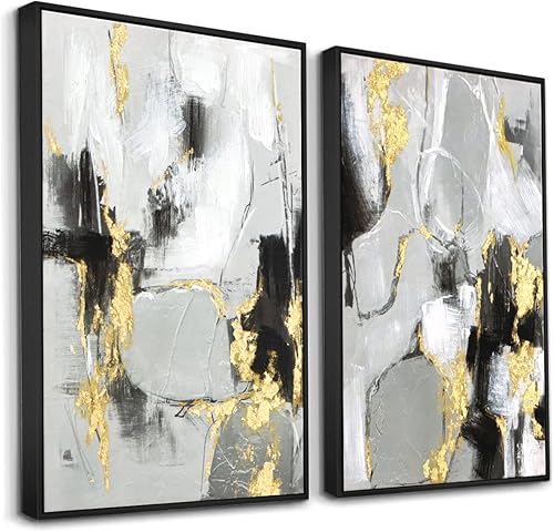 Zessonic Decoración de pared abstracta negra, paquete de 2 unidades, 24 x 36 pulgadas, lienzo negro y dorado, decoración de pared con textura de