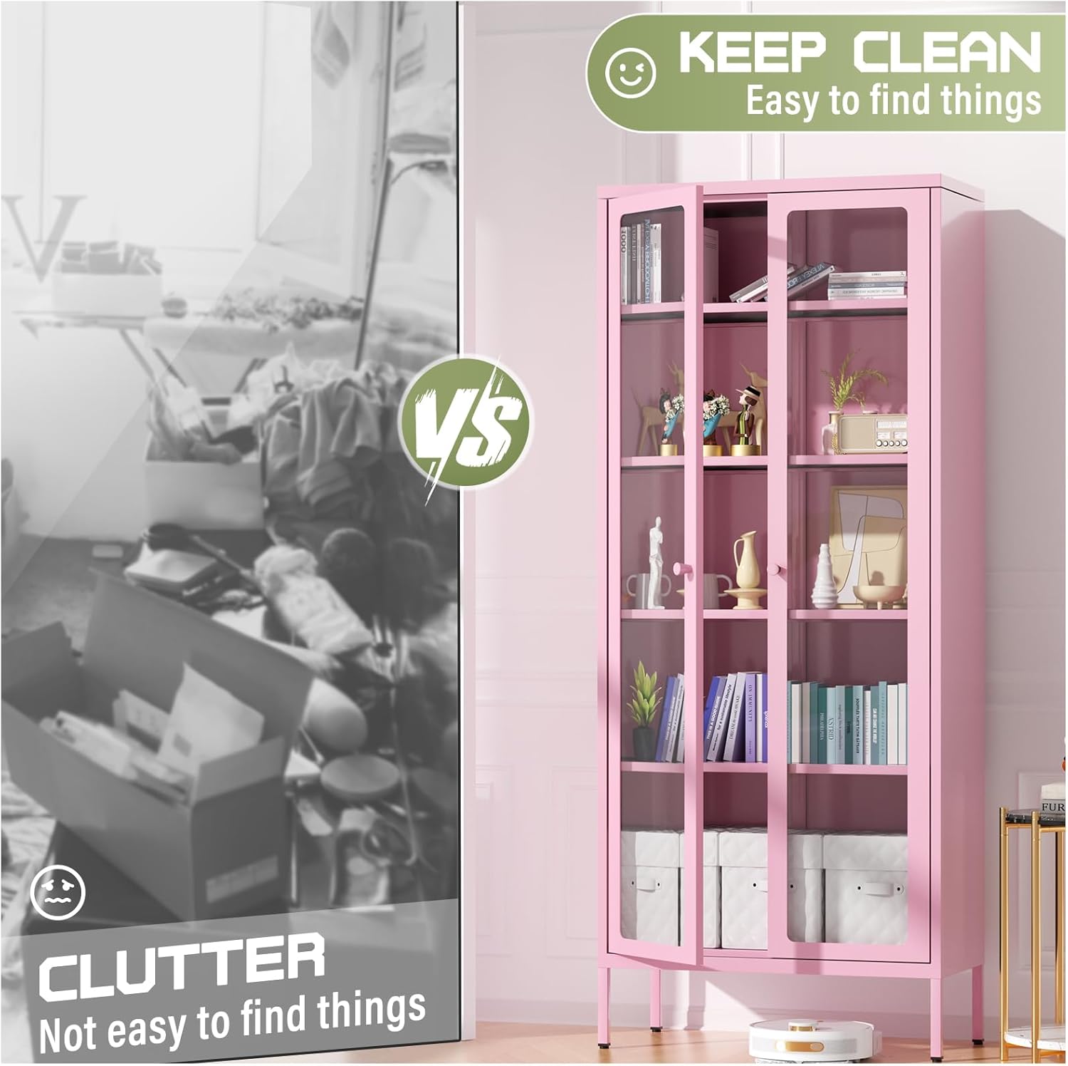 Oakcloud 67" Metal Glass Display Cabinet, Storage Cabinet for Collectibles, Curio, China, Books, Display Case with Glass Doors and 4 Adjustable Shelves for Home Office, Living Room, Pantry (Pink) 67" Pink