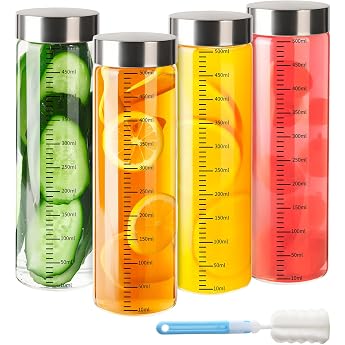 YBCPACK Pack of 4 Glass Bottles 500 ml with Stainless Steel Lid Borosilicate Glass Juice Bottles for Filling with Scale Reusable Smoothie Cup to Go for Juices Smoothies BPA Free / Dishwasher Safe