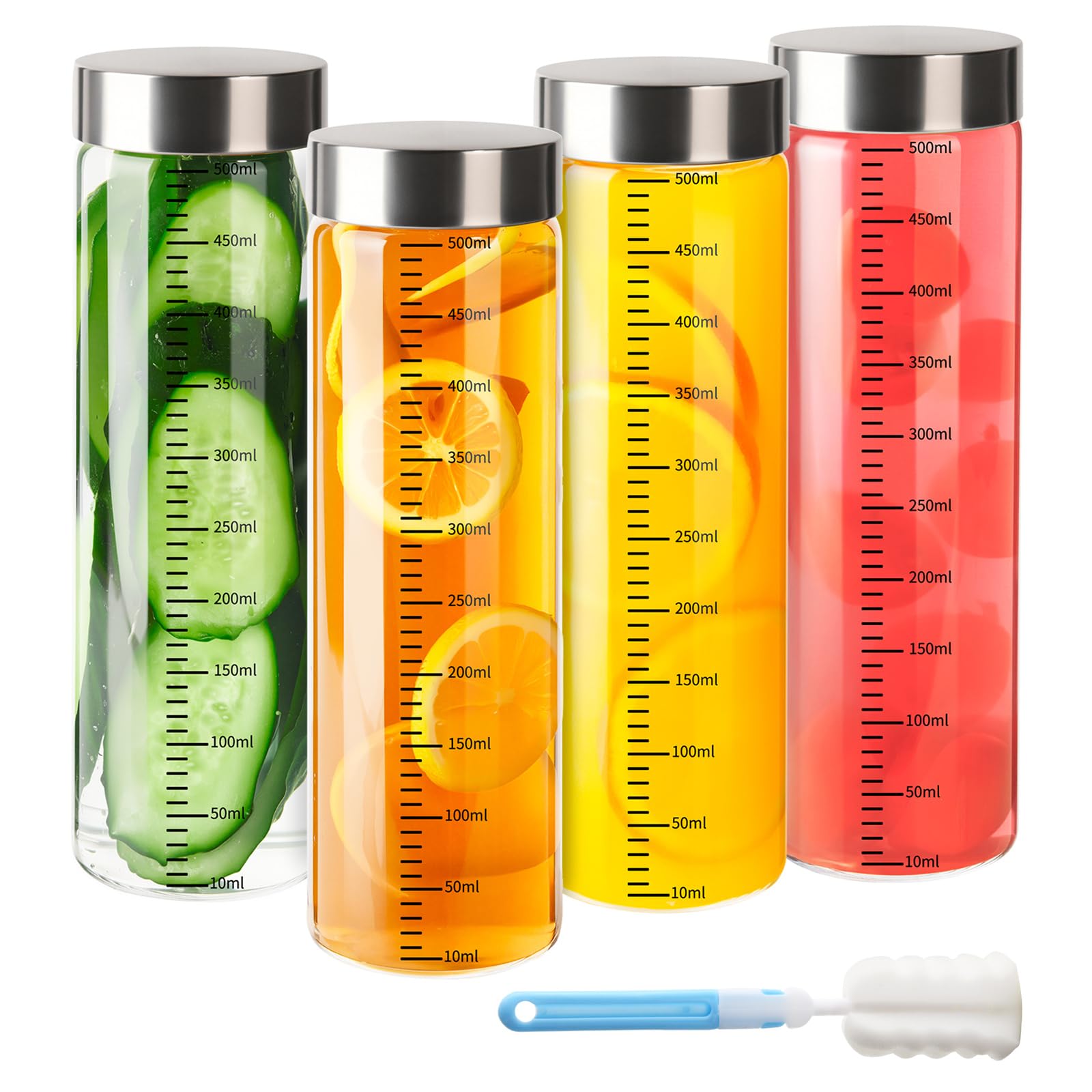 BPFY 4 Pack 16 oz Glass Juice Bottles with Stainless Steel Lids Wide Mouth Borosilicate Glass Shaker bottle for Juicing, Protein, Smoothies, Reusable,