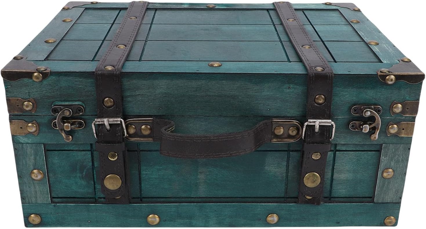 Pssopp Storage Boxes Trunk, PU Leather Handle Suitcase Box with Hinged Lid for Jewelry Collection Photography Prop Wooden Vintage Luggage Wooden Vintage Luggage Trunk (Retro Green Large)