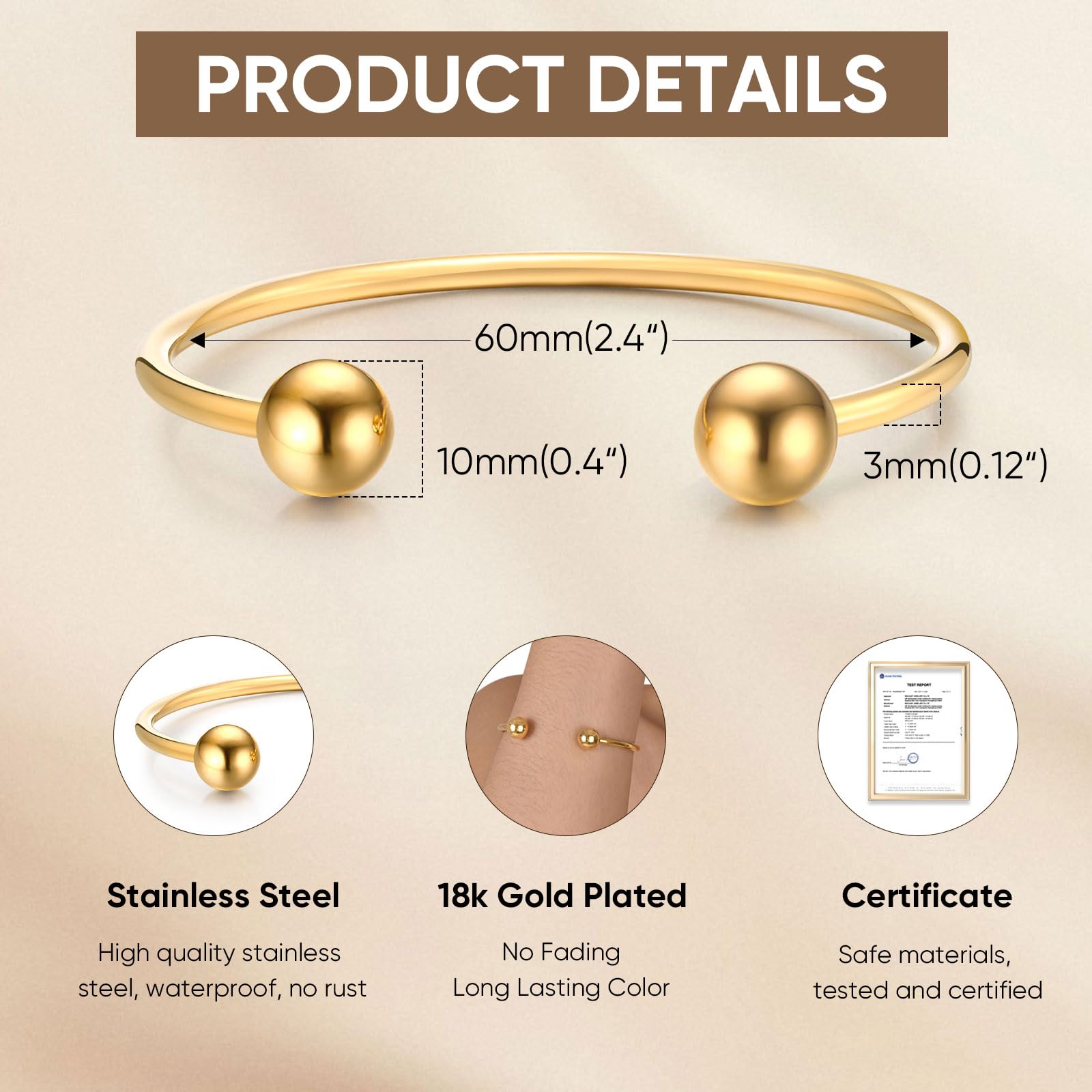Joyería chapada en oro de acero inoxidable pulido simple brazalete brazalete abierto extremos bola brazalete para mujer 4