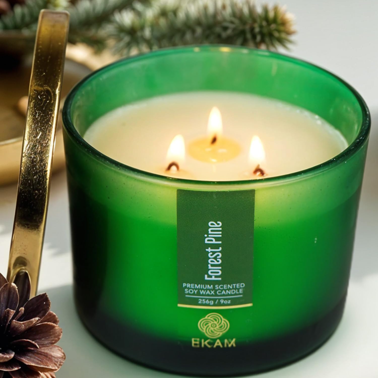 EKAM 3 Wick Soy Wax Scented Candle | Forest Pine Fragrance | 35 Hr Burn | Long Lasting Premium Jar Candle for Home Decor, Relaxation & Gifting