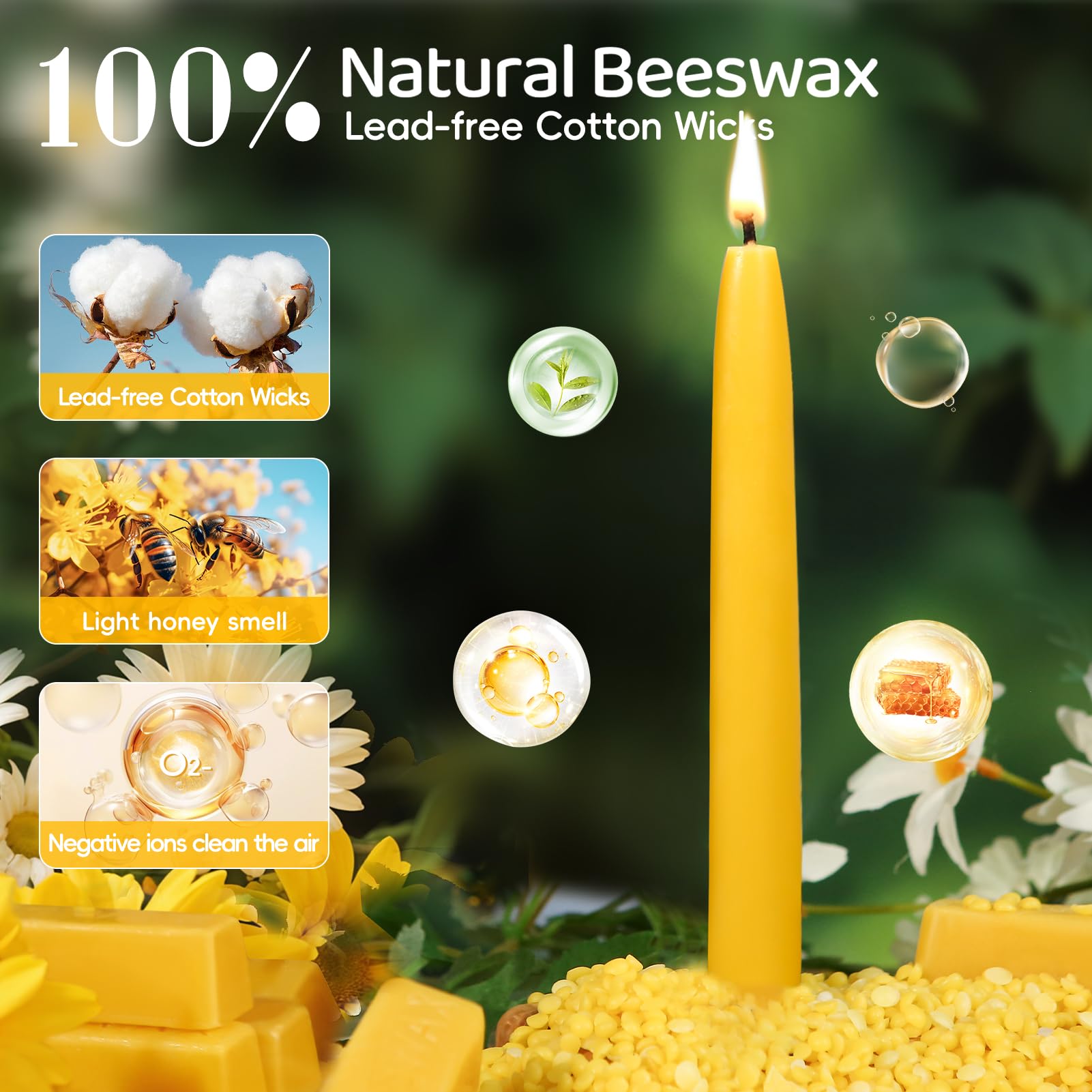 6 Pack Beeswax Taper Candles,| 8in | 9in | 10in | Natural Beeswax Candle Sticks,|8 Hours| 9 Hours| 10 Hours | Burn Time Bees Wax Candlesticks for Home Prayer,Smokeless,Dripless