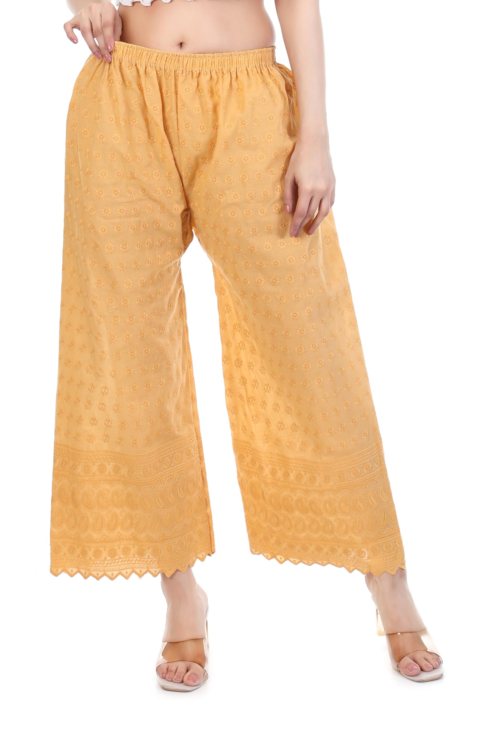 Women’s Cotton Embroidered Palazzo Pants | Comfortable Elastic Waist Chikan Work Straight Fit Ethnic Bottom Wear-image-36