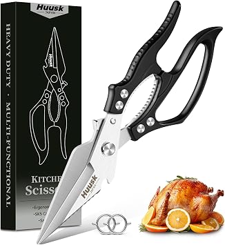Huusk Kitchen Scissors Heavy Duty All Purpose Japanese Kitchen Shears for Chicken, Meat, Fish, Vegetables & Pizza, Poultry Shears with Ergonomic Non-Slip Black Handle, Gifts for Women Men