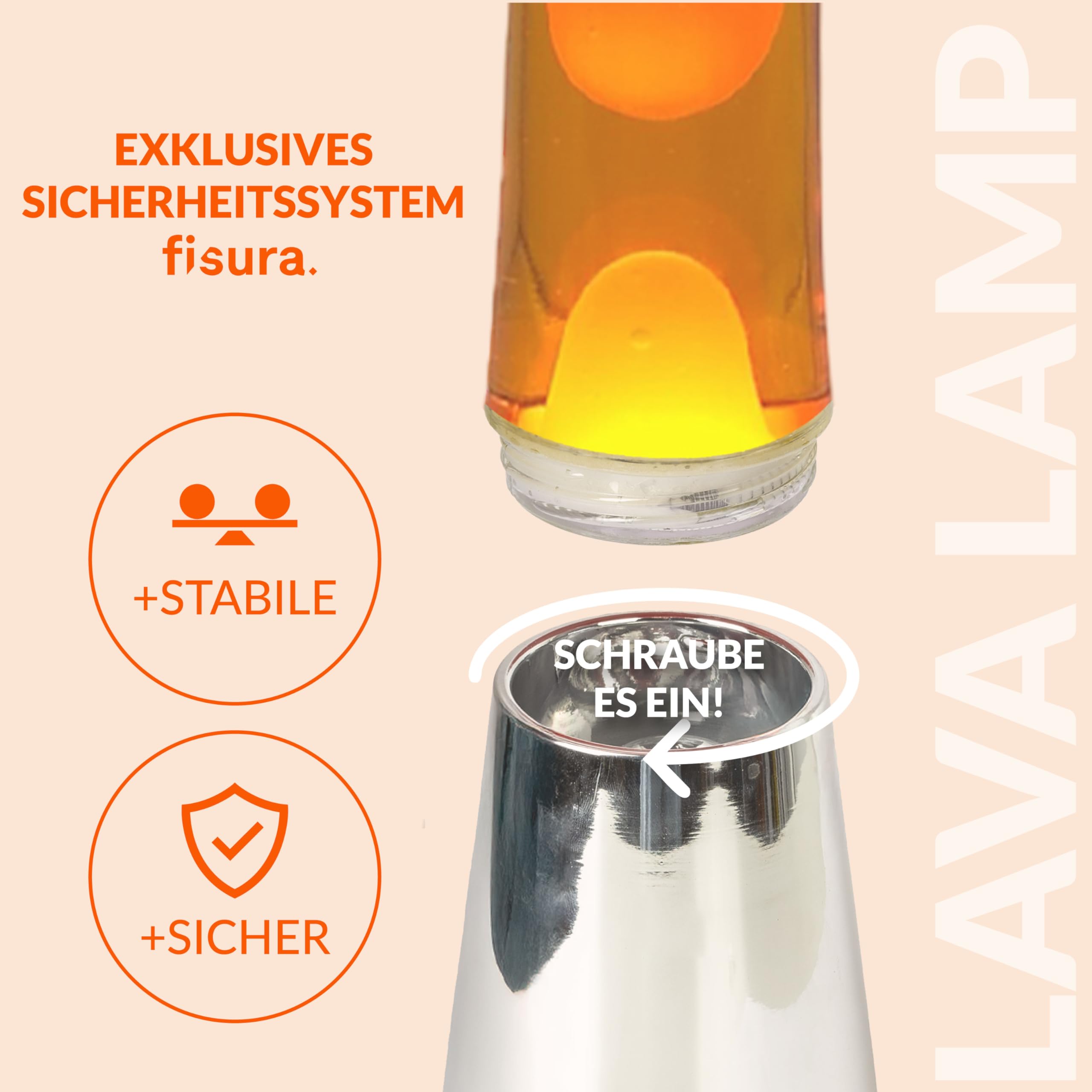 FISURA - Lavalampe orange. Silberner Chromsockel, orangefarbene Flüssigkeit und orangefarbene Lava. Lavalampe mit ersatzbirne.11 x 11 x 39,5 Zentimeter