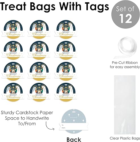 Miniatura 6 de Big Dot of Happiness Holy Nativity - Bolsas de regalo transparentes de Navidad con escenas religiosas de pesebre, bolsas de golosinas con etiquetas,