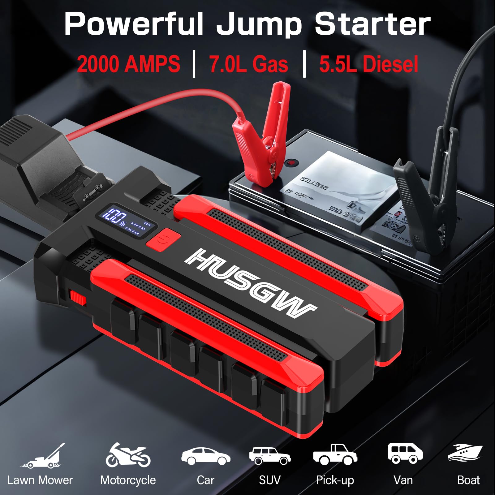 Booster Avviamento Auto, Avviatore di Emergenza Portatile per Batteria da 2000A 13800mAh, Starter Batteria Auto Per Motori a Benzina Fino a 7L o Diesel Fino a 5,5L,Orcia a LED