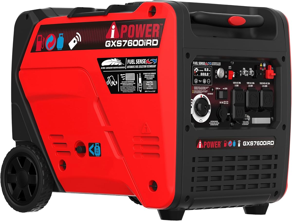 Generador inversor de combustible dual de 7600 vatios con arranque remoto, fuentes de alimentación con motor OHV de 322 cc, sensor de CO, alimentado por gas y propano, para uso doméstico de respaldo, portón trasero, vehículos recreativos, cortes de energía (GXS7600iRD)