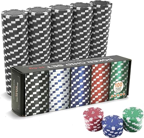 Vista 19 de 100 fichas de póquer profesional con caja de almacenamiento, juego de fichas de póquer de casino de 5 colores, fichas de póquer de casino compuestas