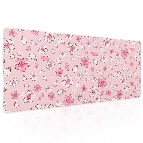 Pink Cherry Blossom Gaming Mouse Pad XL Cute Anime Aesthetics Floral Extended Kawaii Flowers Large Mousepad Non-Slip Rubber Base Stitched Edge Long Keyboard Desk Mat for Computer,31.5×11.8 Inch - Pink Floral - X-Large