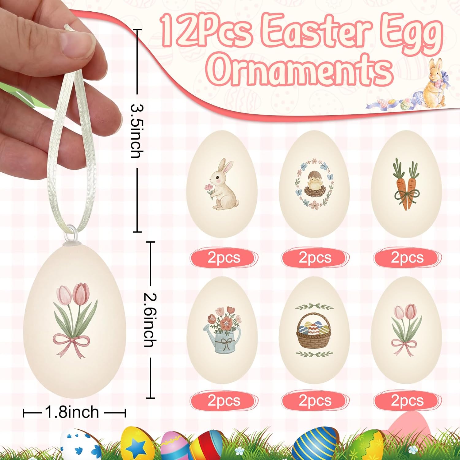 Lewtemi 12 Pcs Easter Eggs Hanging Tree Decor Watercolor Bunny Plastic Eggs Ornament for Easter Birch Tree Spring Centerpiece Basket Decorations Holiday Display Indoor Wreath Garland Decor Bunny Design with Rope