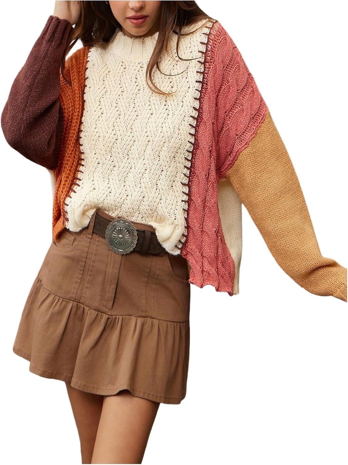 Women's Color Block Sweaters Cable Knit Pullover Sweaters Casual Fall Jumpers