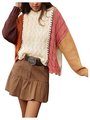 Womens Color Block Sweaters Cable Knit Pullover Sweaters Casual Fall Jumpers
