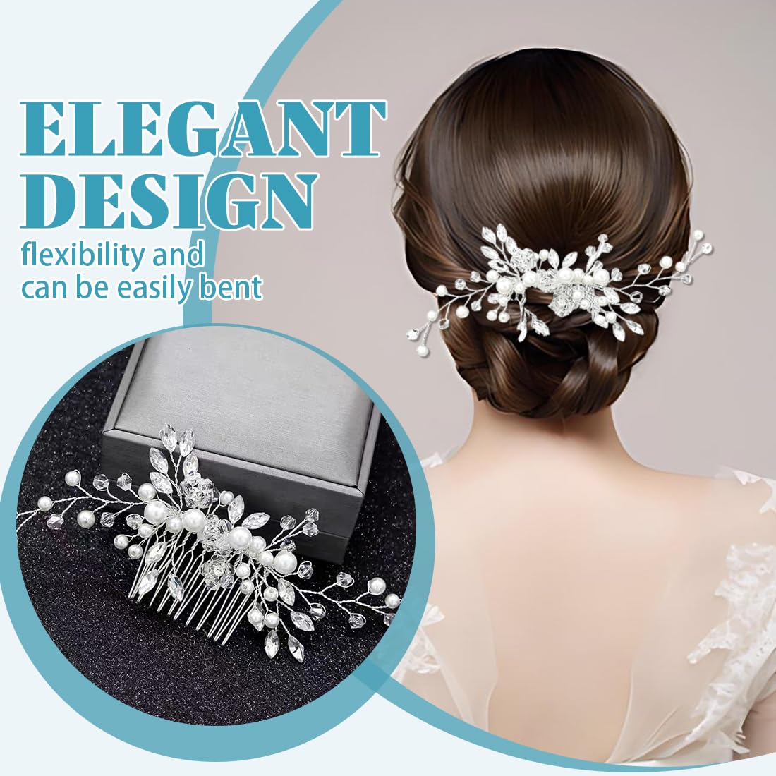 Fermaglio Capelli Sposa Argentato Con Cristalli, 2 Pettini Eleganti Per Matrimonio E Occasioni Speciali, Set Completo Per Donne E Ragazze
