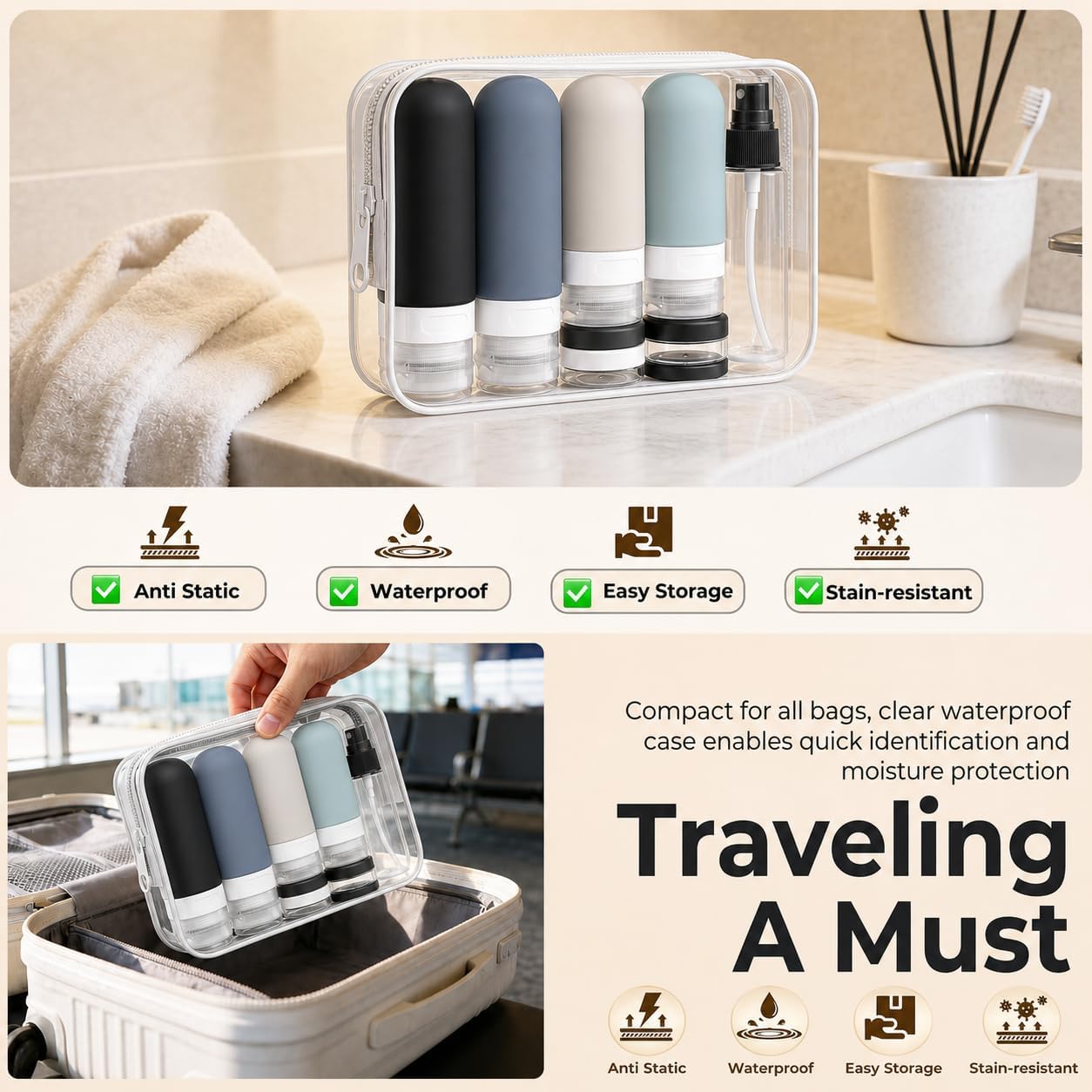 17 Pack Travel Bottles for Toiletries, TSA Approved Leak Proof Silicone Travel Containers for Toiletries with Label-Black+DarkBlue+ DarkGreen+Khaki