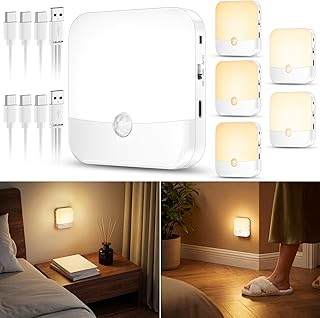 daphomeu 6 Stück Wiederaufladbare Nachtlichter mit Bewegungsmelder, 3 Lichtfarben + Dimmbar, Kabellose LED Treppenlichter für Schlafzimmer, Flure, Kinderzimmer, Schränke und Küchen