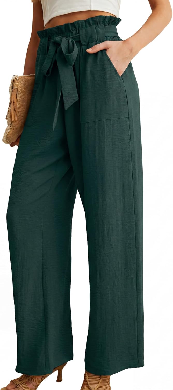 IWOLLENCE Women High Waist Palazzo Pants, Adjustable Knot Ankle Wide Leg Trousers Pockets Beach Vacation Lounge Office thumbnail