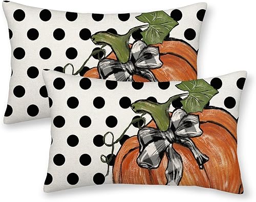 Juego de 2 fundas de almohada de lunares de calabaza otoñal de 12 x 20 pulgadas, juego de 2 fundas de almohada de cosecha de otoño para decoración